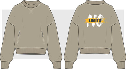 Oversized basic sweatshirt with zipper pocket and back print. Fashion technical drawing, illustration, vector. Front and back view. Unisex casual clothing, Cad, Mockup. © gulsenbozkurt