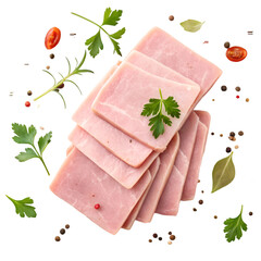 Squared slices of lean pork ham pile top view isolated on white background