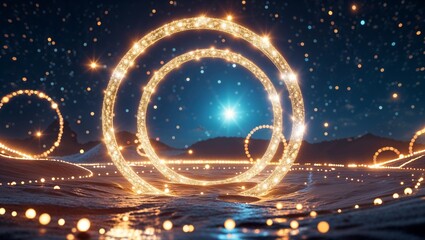 Circular formations of light creating a glowing halo effect in a space like setting