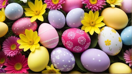 Vibrant Easter Eggs Among Cheerful Daisies: A Springtime Celebration with Pastel Colored Eggs and Bright Blooms