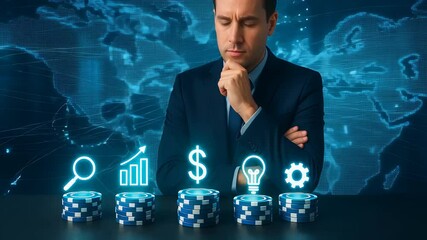 Business Professional Analyzing Financial Growth with Digital Icons and Stacks of Casino Chips

 - Powered by Adobe