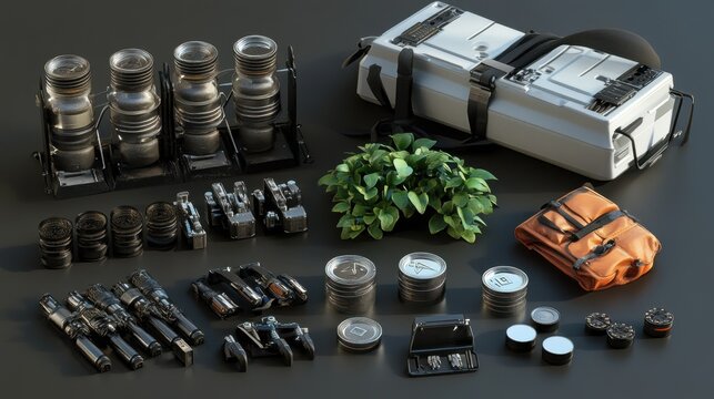 Crypto mining rig components placed next to virtual currency coins on table