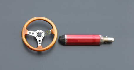 steering wheel and muffler of sports car