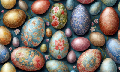 Colorful Easter eggs decorated with intricate floral and baroque-style designs