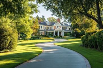 Fototapeta premium An elegant countryside mansion with a long driveway,