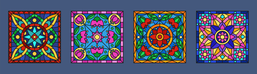 Mosaic stained glass. Craftsmanship floral painting. Botanical pattern. Vintage geometric texture with leaves or flowers motif. Lace line window. Square art tiles set. Vector tidy embroidery ornaments