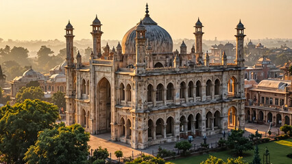 Naklejka premium Majestic Sunrise View of a Grand Mosque with Intricate Architectural Details