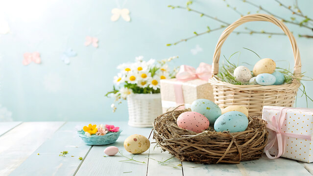 Easter decoration with crafted Easter bunny in the sunny nes
