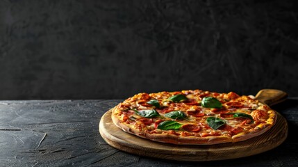 Delicious pepperoni pizza garnished with basil leaves on wooden board