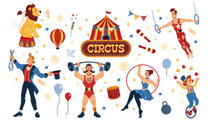 Circus. Magician, clown, acrobat in entertainment show. Vintage carnival, cute animal performance. Fun festival gymnast in park. Balloon carousel. Vector tidy cartoon flat style isolated illustration © Natalia