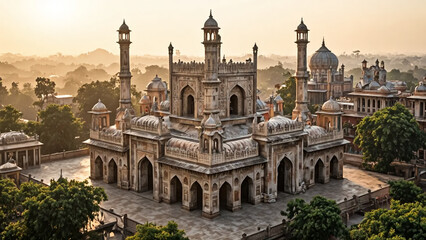Fototapeta premium Ornate Mughal Architecture Imposing Tomb with Minarets and Arches at Sunrise