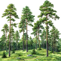 Fototapeta premium Lush pine trees stand tall in a picturesque forest scene.