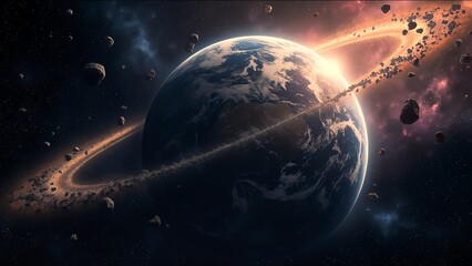 Obraz premium Stunning view of Earth with rings and asteroids.
