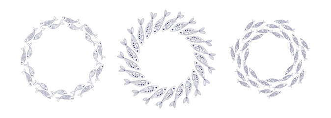 Set of vector frames for design and packaging with fish. Hand drawn vector illustration. Mediterranean fish gathered in schools.