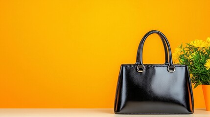 Black Handbag and Yellow Flowers on Orange Background
