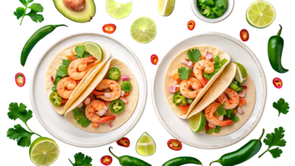 Two delicious shrimp tacos bursting with fresh cilantro, lime, and jalapeño, a vibrant fiesta of flavor on white plates against a clean white background.