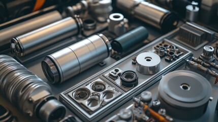 Hydrogen fuel cell components laid out in an organized grid on a bright tabletop