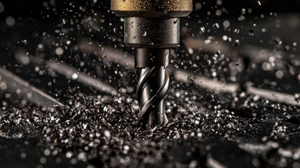 Macro of drill bit tip drilling into metal with scattered shavings
