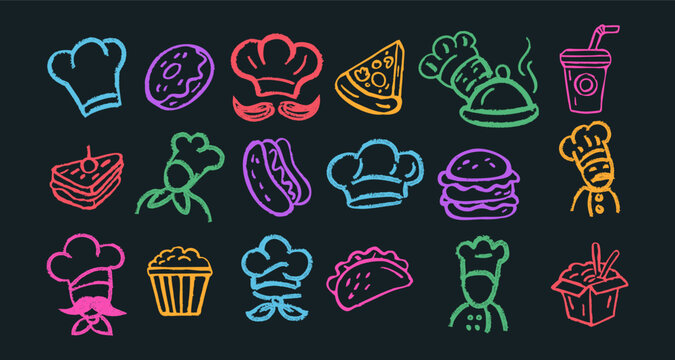 Chef hat doodle. Fast food crayon drawing. Chalk sketch icon. Kitchen emblem or label burger, hotdog. Restaurant graphic. Professional cooks. Vector colorful cooking shapes tidy isolated illustration