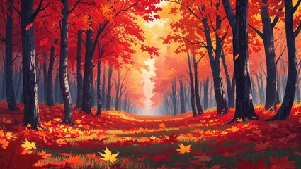 Fototapeta premium Colorful autumn forest with falling red and orange leaves