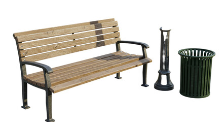 Isolated Park Bench with Streetlight and Trash Can