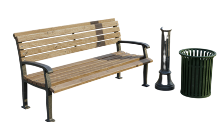 Isolated Park Bench with Streetlight and Trash Can