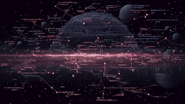 Star constellations shaped like programming syntax (e.g., brackets, loops), planets with matrix rain