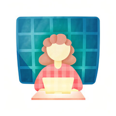 A stylized illustration of a person with curly hair working on a laptop, set against a colorful grid background.