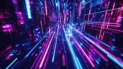 Obraz premium Light trails. Neon tubes lead into a luminous vanishing point, vibrant with blue and pink light