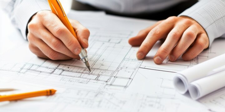 Architect actively drafting detailed blueprints in a professional office during daytime hours - Powered by Adobe