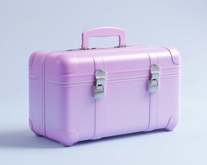 A pink vintage suitcase sits against a pink background