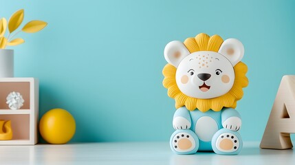 Obraz premium Adorable Cartoon Lion Figurine on Teal Background