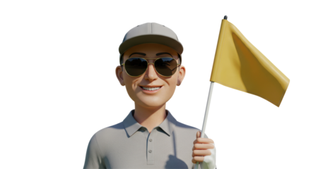Isolated Smiling Golfer with Golf Flag, Professional Sport