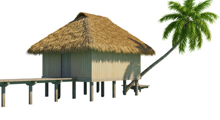 Isolated Tropical Hut on Stilts with Palm Tree, Vacation Paradise