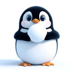 Obraz premium Adorable Cartoon Penguin Holding Snowball Against White Background