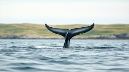 Fototapeta premium Majestic humpback whale tail breaching above the ocean surface, showcasing oceanic grandeur