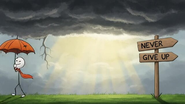 Stickman in the Rain Holding a Broken Umbrella, Smiling and Moving Forward with a 'Never Give Up' Signpost and Sun Rays Breaking Through