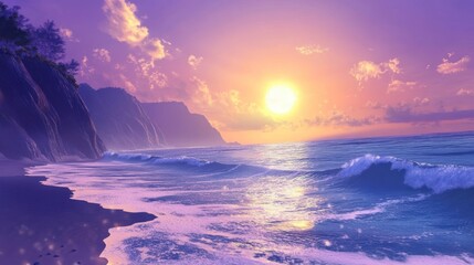 Fototapeta premium Purple Sunset Paradise: Serene Coastal Landscape at Golden Hour