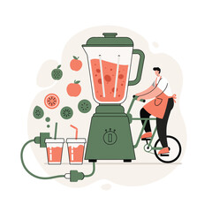 Man in apron pedaling stationary bike powering large green blender with fresh fruit slices and two juice cups in modern minimalist style