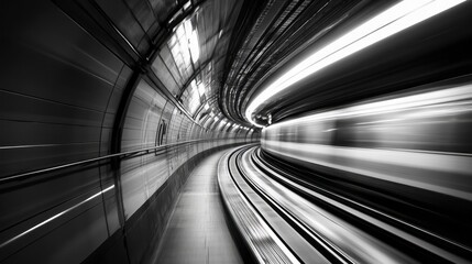 Fototapeta premium Fast moving subway train races through a curved dark tunnel