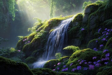 Lush, cascading waterfall within a sunlit, mossy forest.
