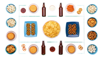 A vibrant game day spread featuring an array of savory snacks and crisp beer bottles, perfectly arranged for a fun gathering.