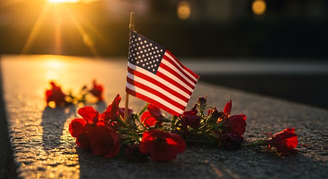 A Small American Flag and Red Flowers at Sunset, a Memorial Tribute