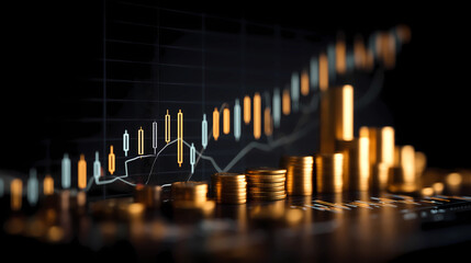 Business and financial stock market, Economic graph with diagrams, bitcoin and cryptocurrency, Futures, Business investment and stock trading on dark background - Generated by Generative A