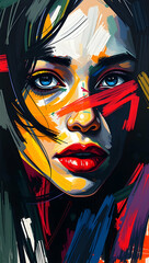 Vivid abstract portrait with fluid brushstrokes and emotional contrast capturing soul’s raw essence. 