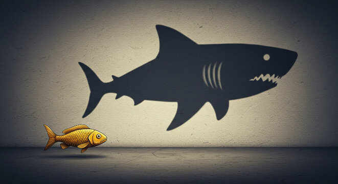 Small Fish Facing Big Shark Shadow on the Wall Concept