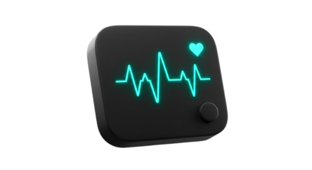 A black medical monitor displaying a cyan heartbeat line and a heart icon on a black background