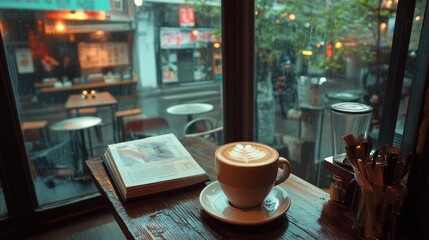 Rainy day cafe scene with coffee and book.