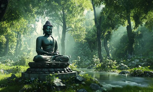 Tranquil image of a Buddha statue surrounded by a peaceful forest setting , Serene, Buddha, statue, forest, peaceful, tranquil