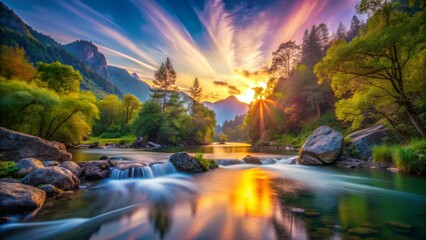 Fototapeta premium Serene Mountain River at Sunset